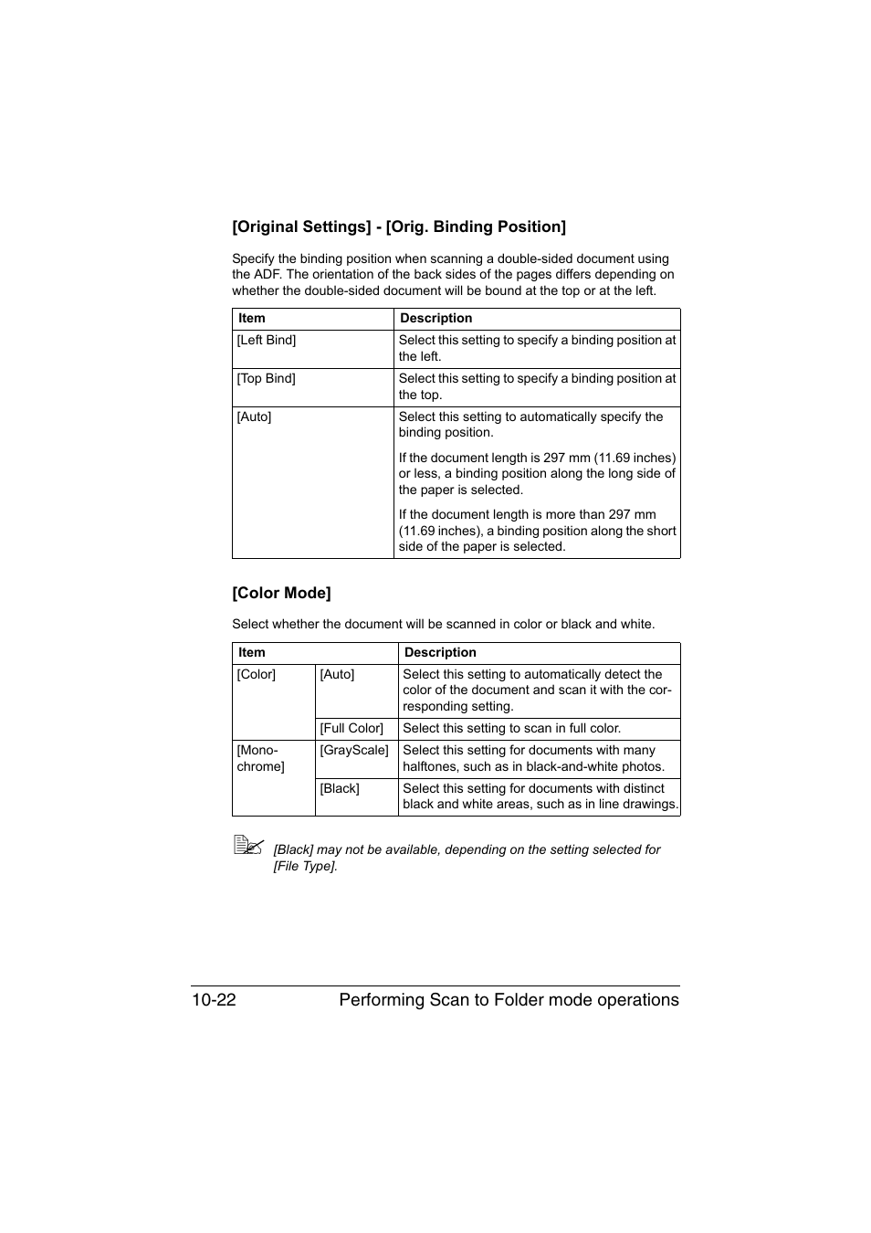 Original settings] - [orig. binding position, Color mode, Performing scan to folder mode operations 10-22 | Konica Minolta bizhub C35 User Manual | Page 237 / 394