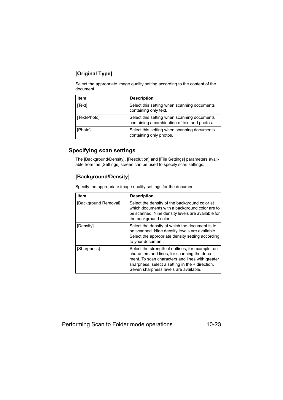 Original type, Specifying scan settings, Background/density | Original type] -23, Specifying scan settings -23, Background/density] -23, Performing scan to folder mode operations 10-23 | Konica Minolta bizhub C35 User Manual | Page 238 / 394