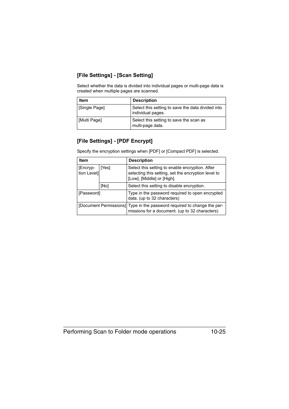 File settings] - [scan setting, File settings] - [pdf encrypt, Performing scan to folder mode operations 10-25 | Konica Minolta bizhub C35 User Manual | Page 240 / 394