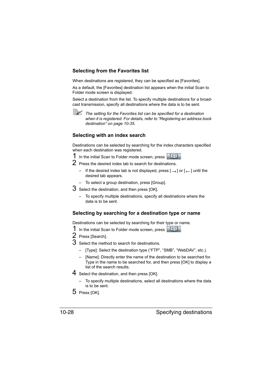 Selecting from the favorites list, Selecting with an index search | Konica Minolta bizhub C35 User Manual | Page 243 / 394