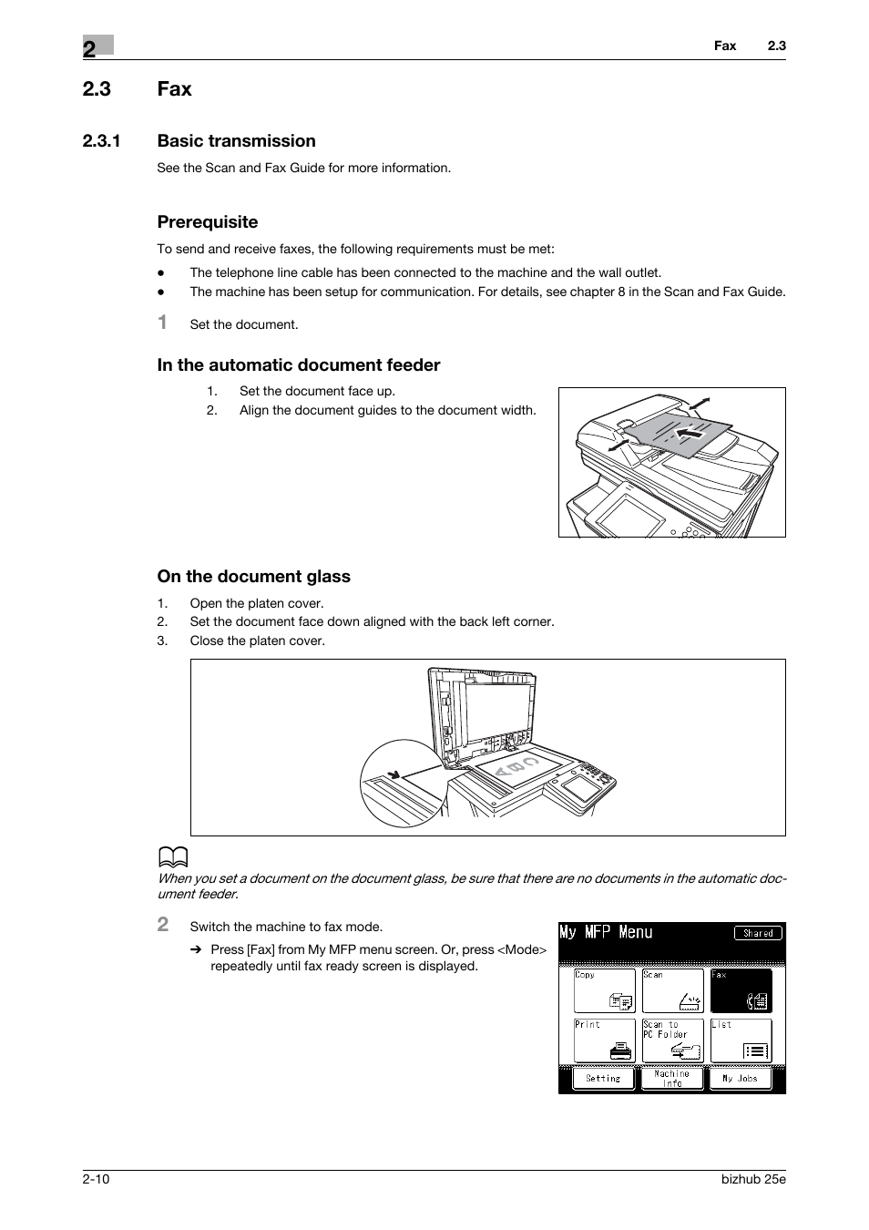 3 fax, 1 basic transmission, Prerequisite | In the automatic document feeder, On the document glass, Fax -10, Basic transmission -10 | Konica Minolta bizhub 25e User Manual | Page 30 / 70