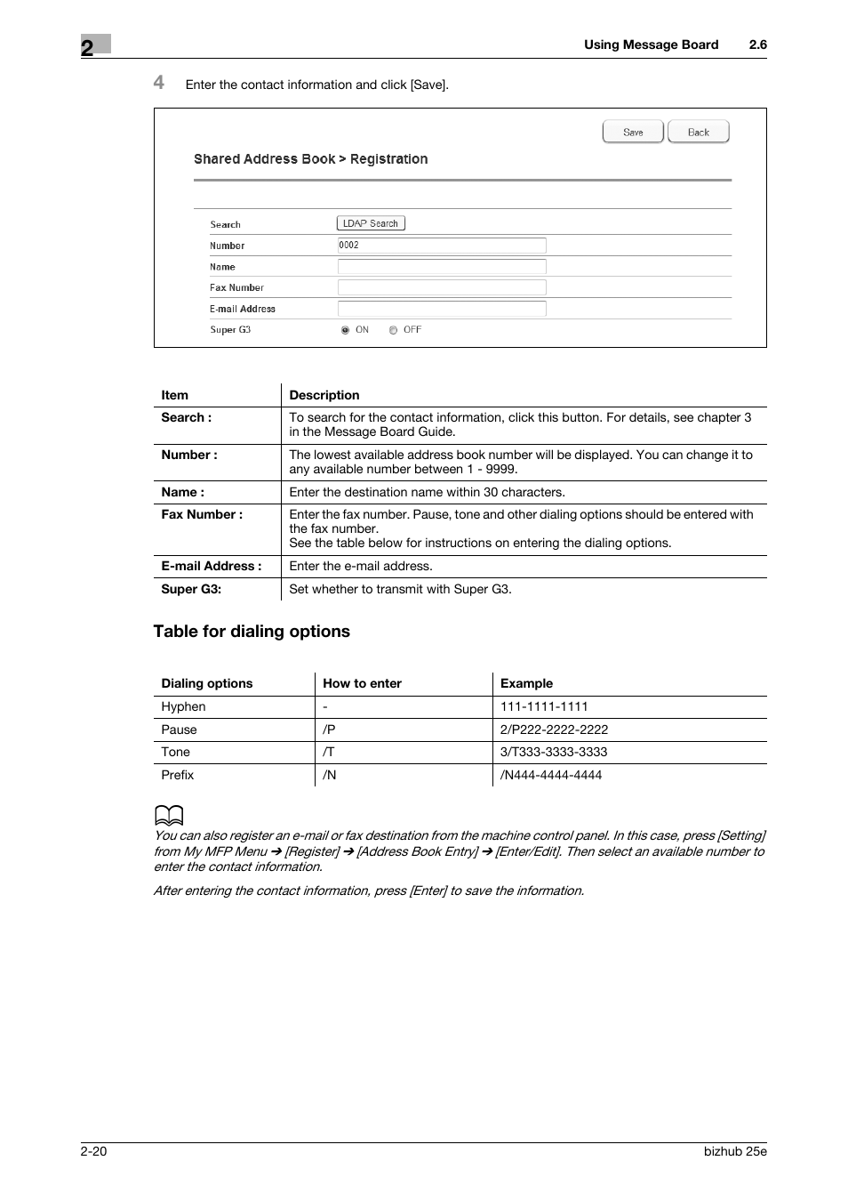 Table for dialing options | Konica Minolta bizhub 25e User Manual | Page 40 / 70