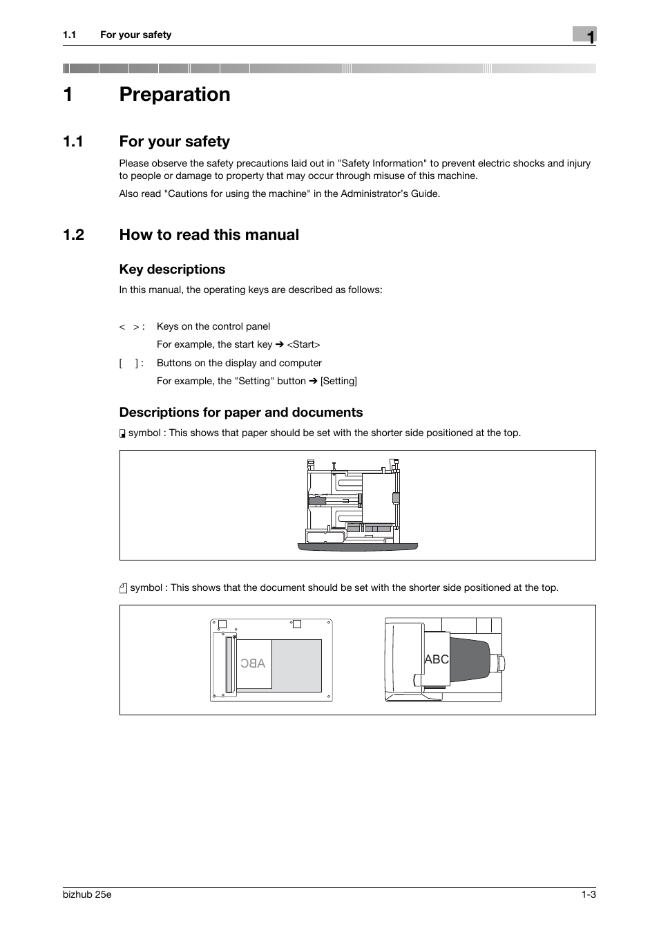 1 preparation, 1 for your safety, 2 how to read this manual | Key descriptions, Descriptions for paper and documents, Preparation, For your safety -3, How to read this manual -3, 1preparation | Konica Minolta bizhub 25e User Manual | Page 7 / 70