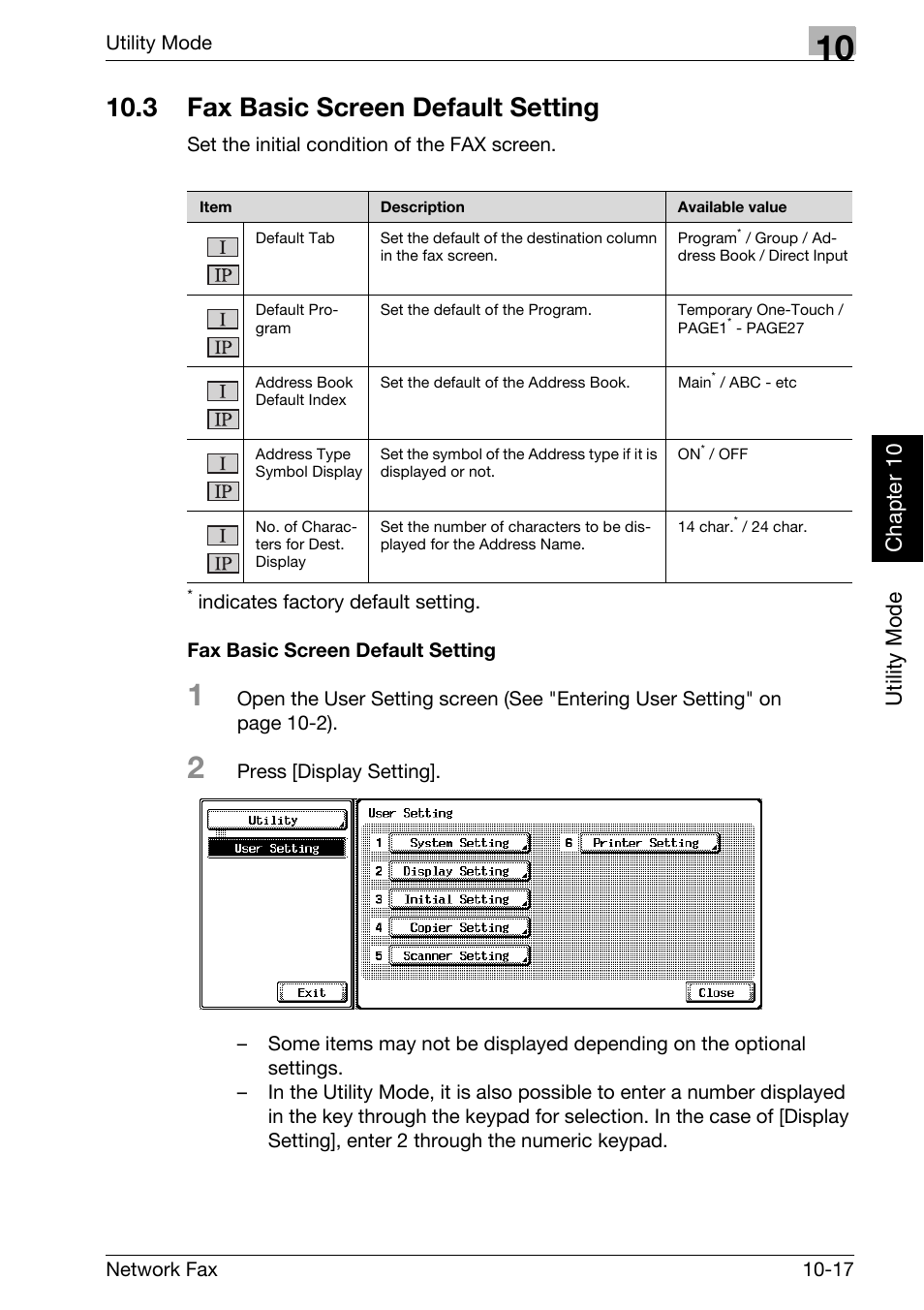 3 fax basic screen default setting, Fax basic screen default setting, Fax basic screen default setting -17 | Utility mode chapter 10 | Konica Minolta bizhub 500 User Manual | Page 198 / 334