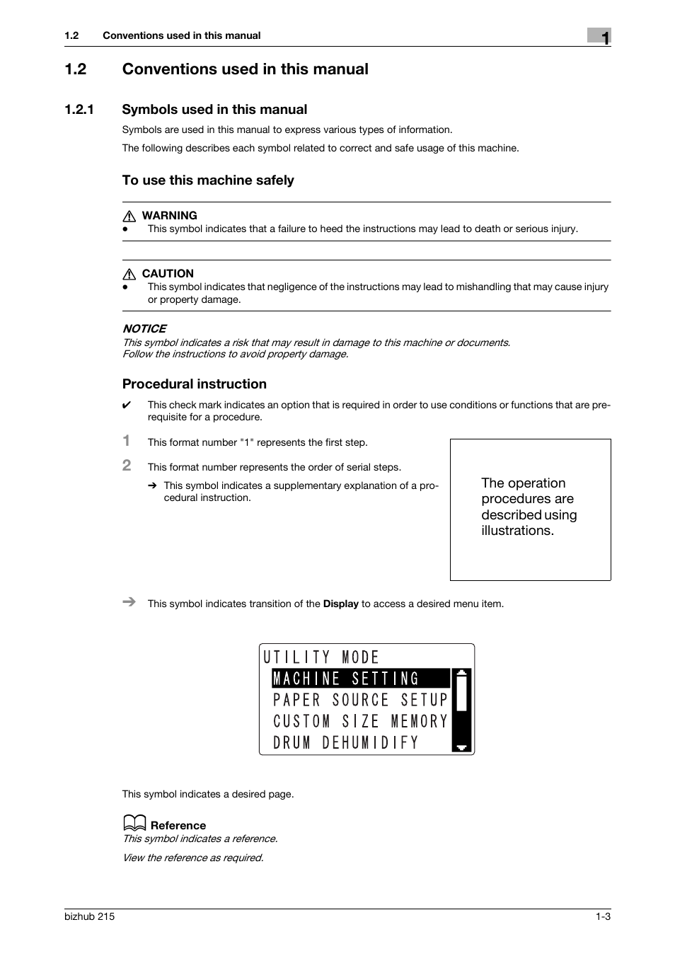 2 conventions used in this manual, 1 symbols used in this manual, To use this machine safely | Procedural instruction, Conventions used in this manual -3 | Konica Minolta Bizhub 215 User Manual | Page 10 / 166