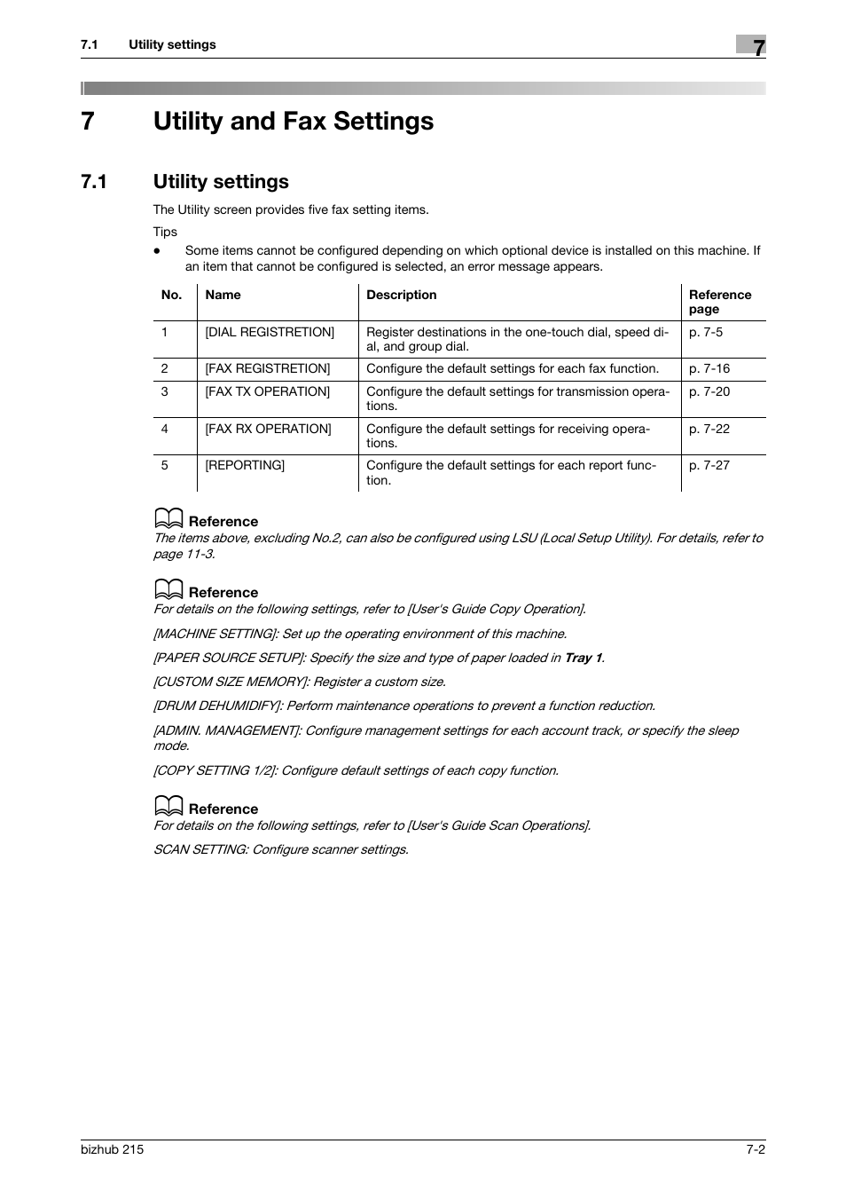7 utility and fax settings, 1 utility settings, Utility and fax settings | Utility settings -2, P. 7-2, 7utility and fax settings | Konica Minolta Bizhub 215 User Manual | Page 101 / 166