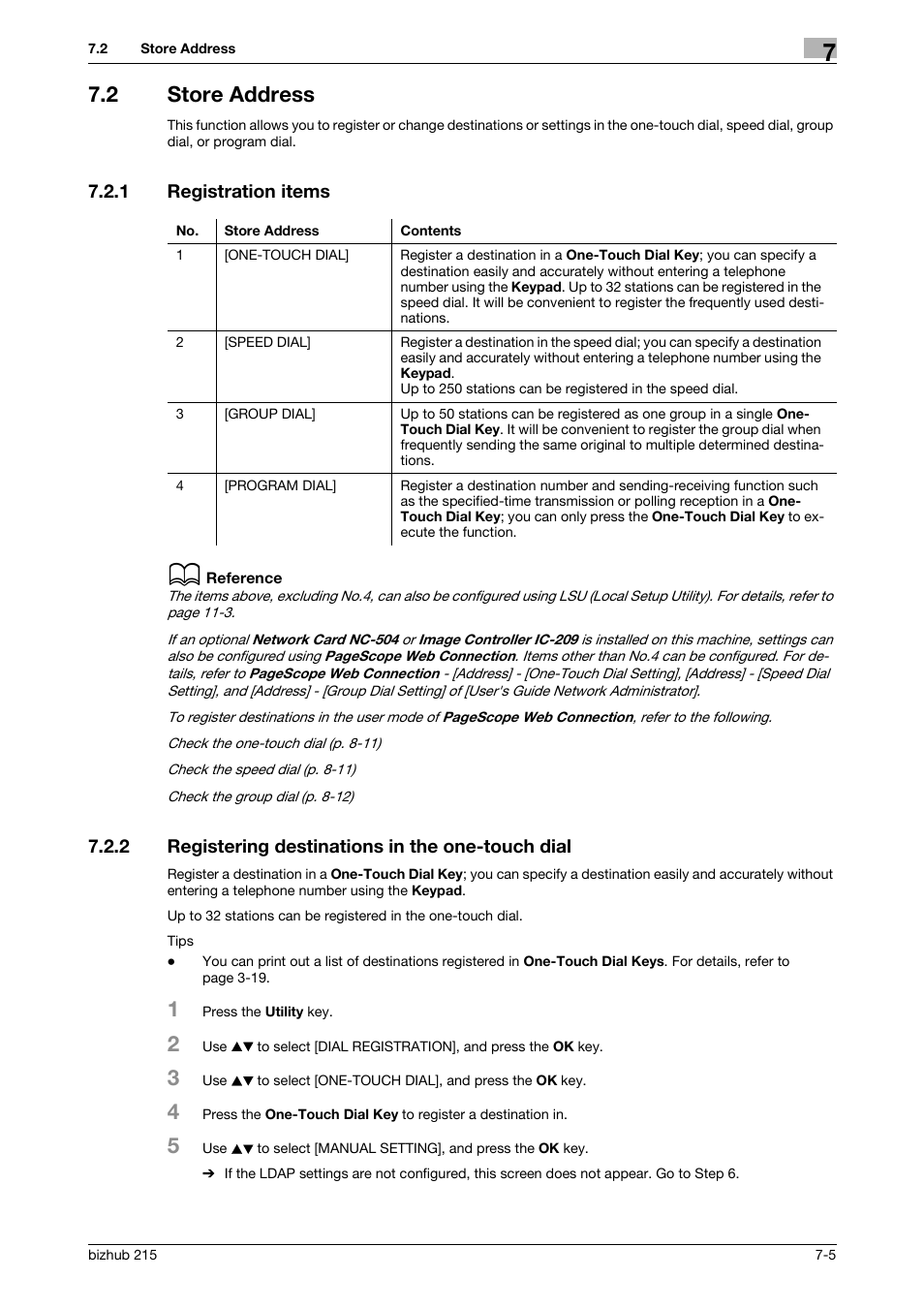 2 store address, 1 registration items, 2 registering destinations in the one-touch dial | Store address -5, Registration items -5, Registering destinations in the one-touch dial -5, P. 7-5 | Konica Minolta Bizhub 215 User Manual | Page 104 / 166