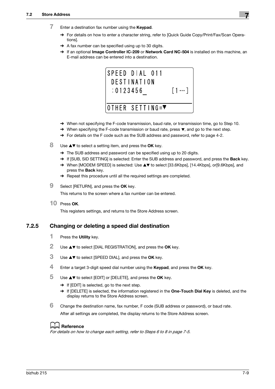 5 changing or deleting a speed dial destination, Changing or deleting a speed dial destination -9 | Konica Minolta Bizhub 215 User Manual | Page 108 / 166