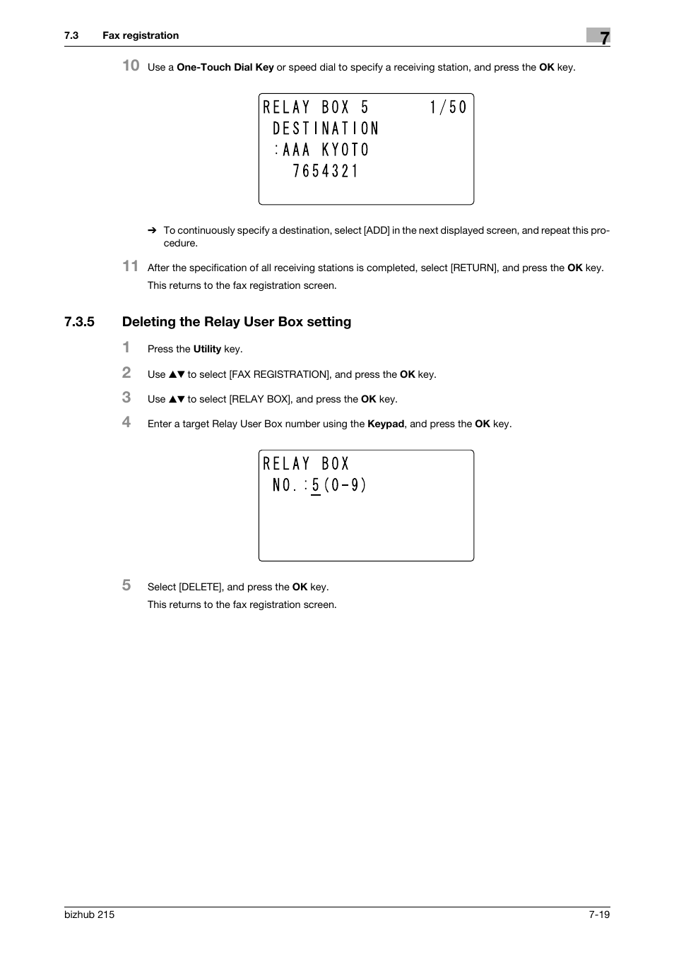 5 deleting the relay user box setting, Deleting the relay user box setting -19 | Konica Minolta Bizhub 215 User Manual | Page 118 / 166