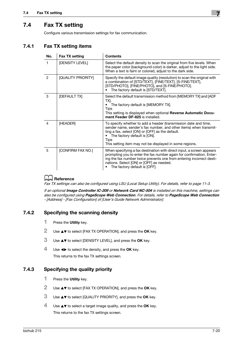 4 fax tx setting, 1 fax tx setting items, 2 specifying the scanning density | 3 specifying the quality priority, Fax tx setting -20, Fax tx setting items -20, Specifying the scanning density -20, Specifying the quality priority -20, P. 7-20 | Konica Minolta Bizhub 215 User Manual | Page 119 / 166