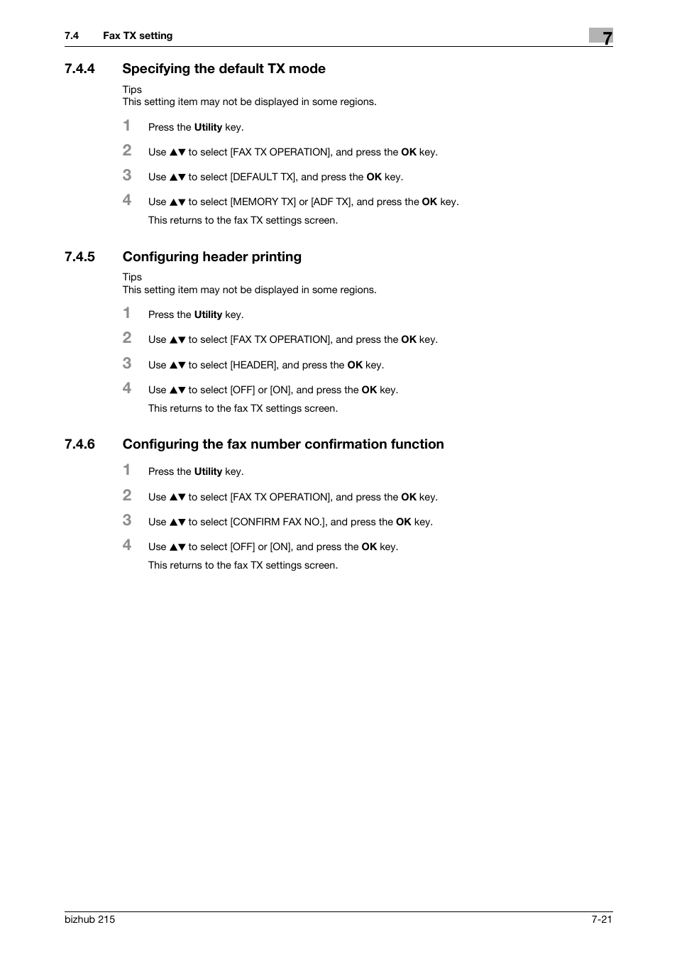 4 specifying the default tx mode, 5 configuring header printing, 6 configuring the fax number confirmation function | Specifying the default tx mode -21, Configuring header printing -21 | Konica Minolta Bizhub 215 User Manual | Page 120 / 166