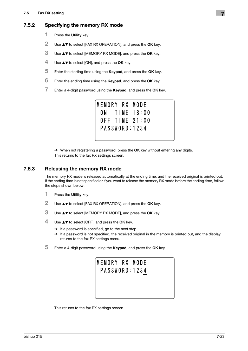 2 specifying the memory rx mode, 3 releasing the memory rx mode, Specifying the memory rx mode -23 | Releasing the memory rx mode -23 | Konica Minolta Bizhub 215 User Manual | Page 122 / 166