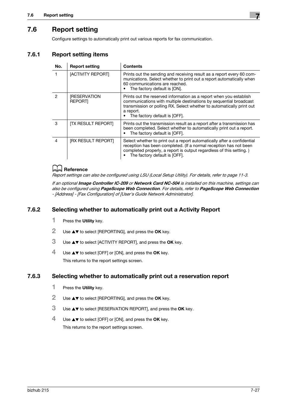 6 report setting, 1 report setting items, Report setting -27 | Report setting items -27, P. 7-27 | Konica Minolta Bizhub 215 User Manual | Page 126 / 166