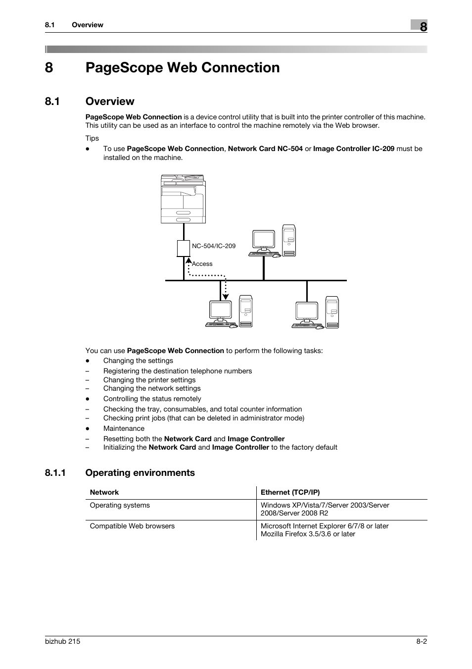 1 overview, 1 operating environments, Overview -2 | Operating environments -2, 8pagescope web connection | Konica Minolta Bizhub 215 User Manual | Page 129 / 166