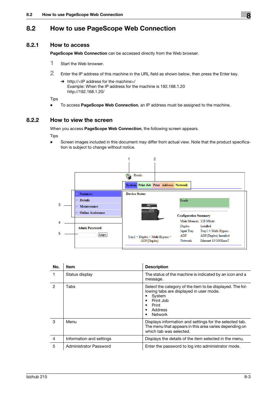 1 how to access, 2 how to view the screen, How to access -3 | How to view the screen -3, 2 how to use pagescope web connection | Konica Minolta Bizhub 215 User Manual | Page 130 / 166