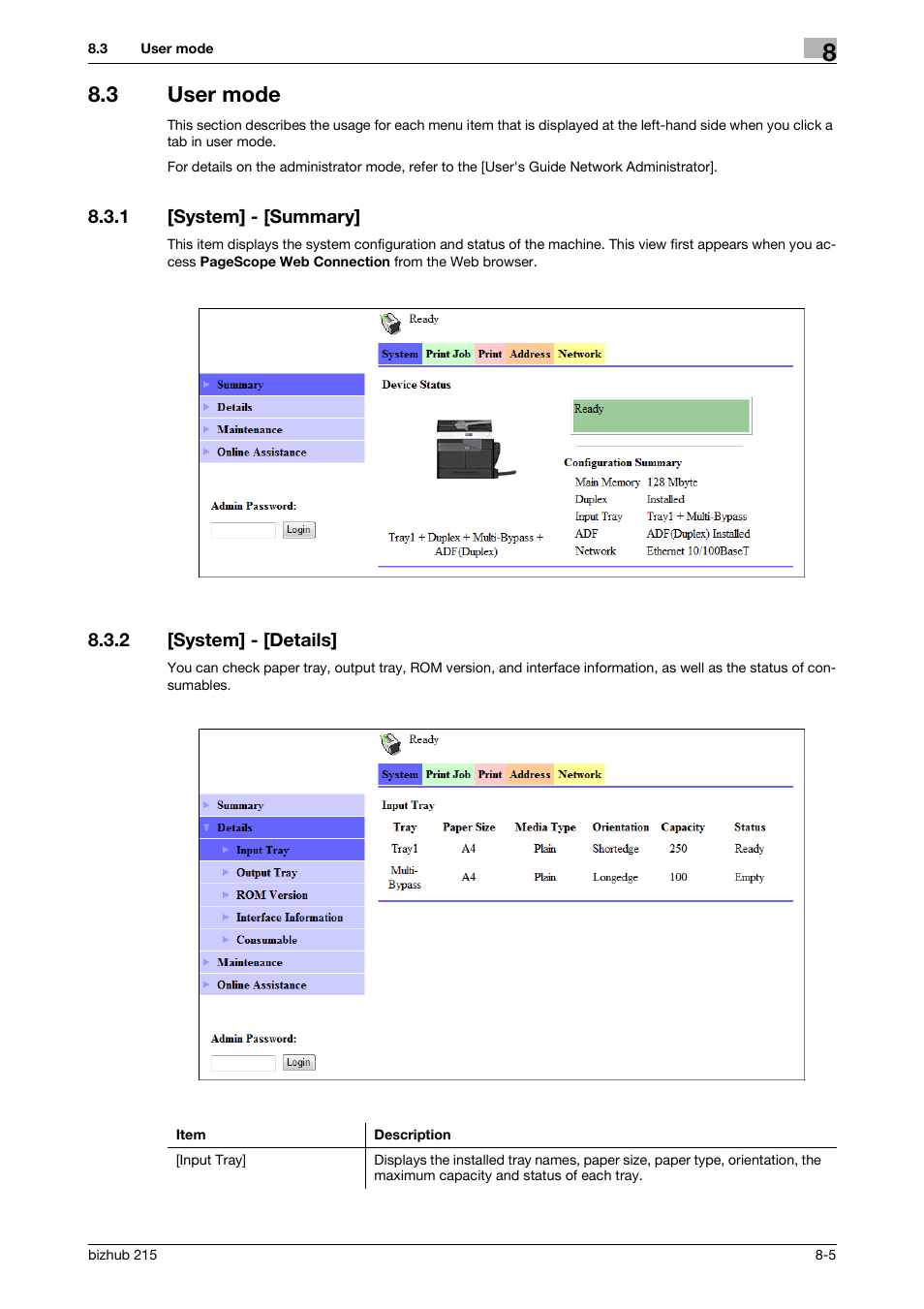3 user mode, 1 [system] - [summary, 2 [system] - [details | User mode -5, System] - [summary] -5, System] - [details] -5 | Konica Minolta Bizhub 215 User Manual | Page 132 / 166
