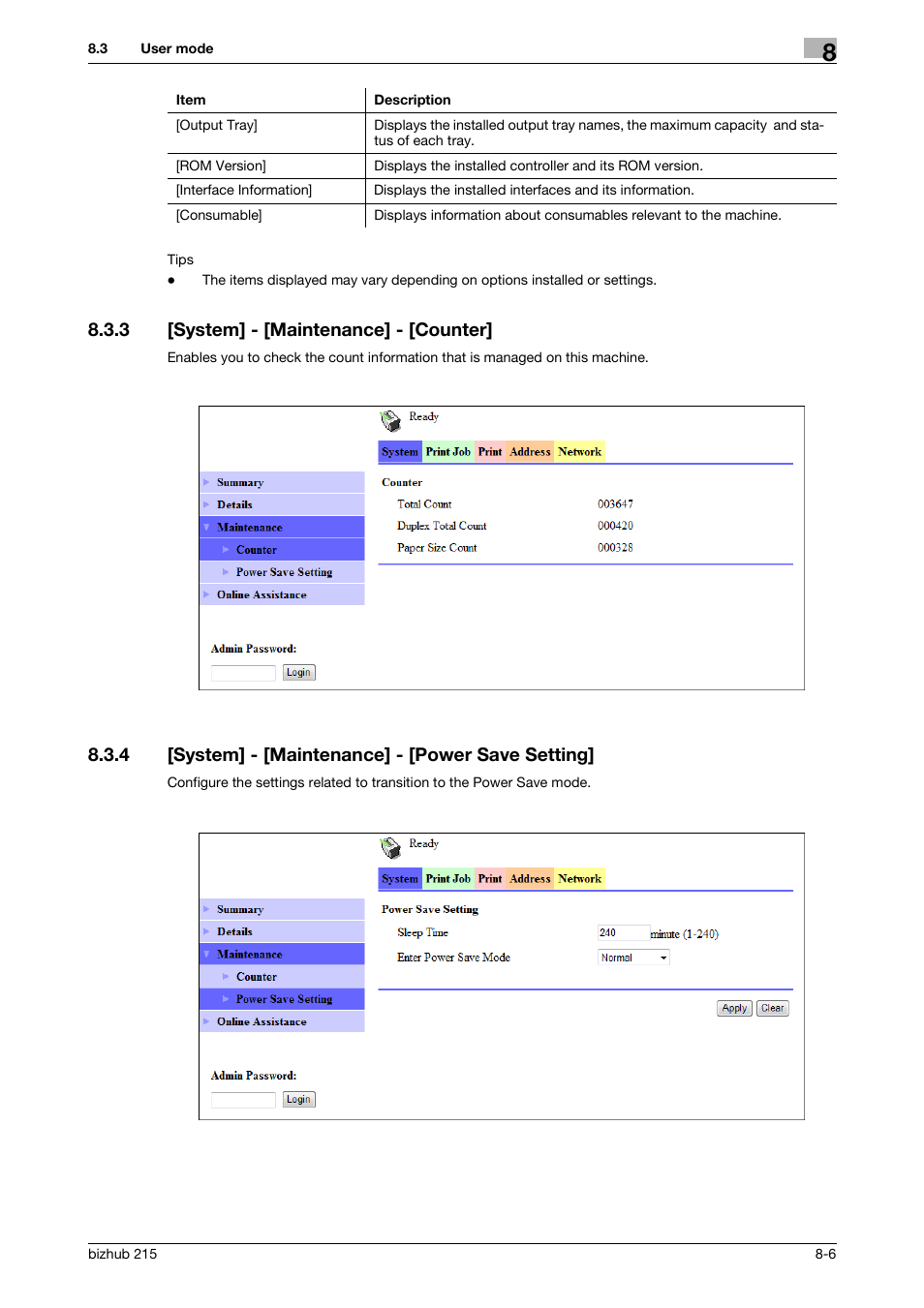 3 [system] - [maintenance] - [counter, 4 [system] - [maintenance] - [power save setting, System] - [maintenance] - [counter] -6 | System] - [maintenance] - [power save setting] -6 | Konica Minolta Bizhub 215 User Manual | Page 133 / 166