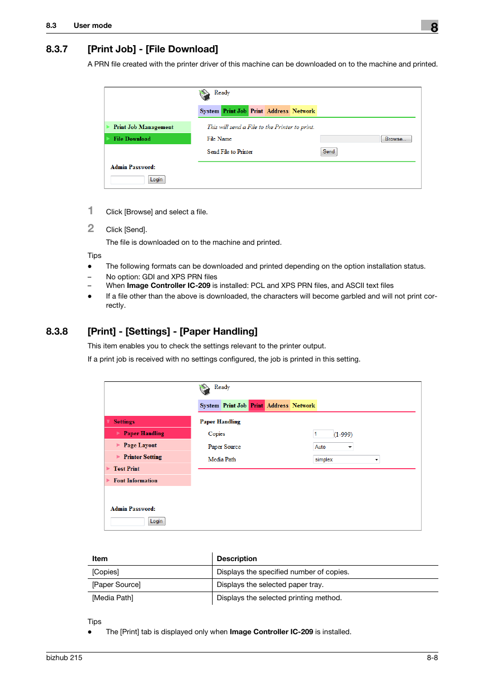 7 [print job] - [file download, 8 [print] - [settings] - [paper handling, Print job] - [file download] -8 | Print] - [settings] - [paper handling] -8 | Konica Minolta Bizhub 215 User Manual | Page 135 / 166