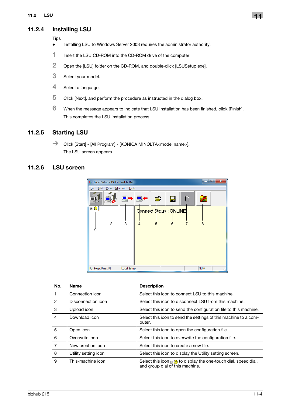 4 installing lsu, 5 starting lsu, 6 lsu screen | Installing lsu -4, Starting lsu -4, Lsu screen -4 | Konica Minolta Bizhub 215 User Manual | Page 150 / 166