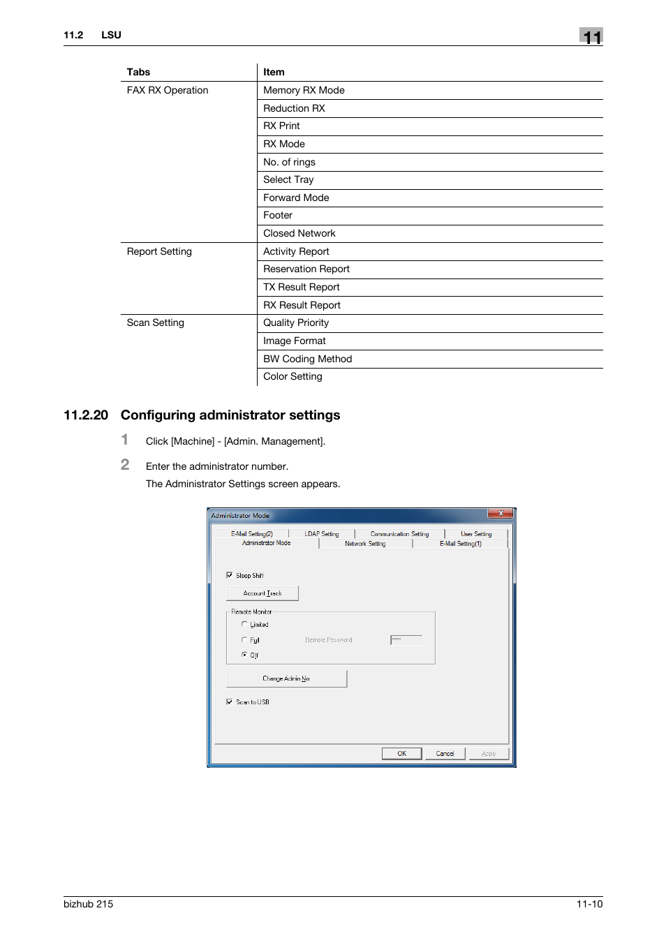 20 configuring administrator settings, Configuring administrator settings -10 | Konica Minolta Bizhub 215 User Manual | Page 156 / 166