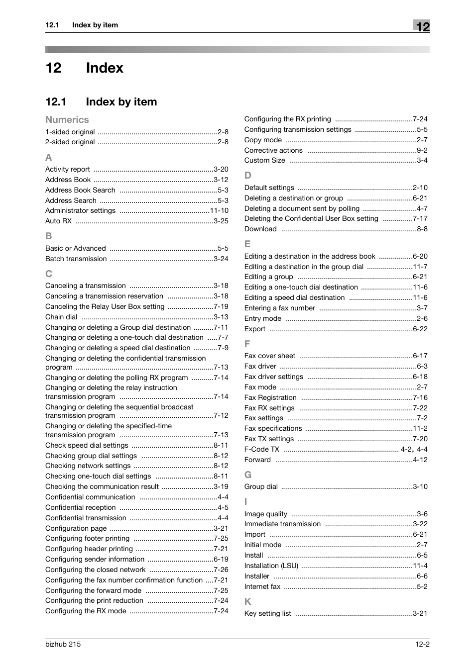 12 index, 1 index by item, Index | Index by item -2 | Konica Minolta Bizhub 215 User Manual | Page 161 / 166