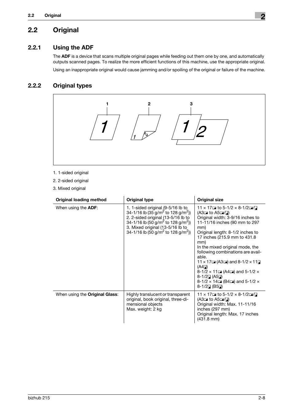 2 original, 1 using the adf, 2 original types | Original -8, Using the adf -8, Original types -8 | Konica Minolta Bizhub 215 User Manual | Page 19 / 166