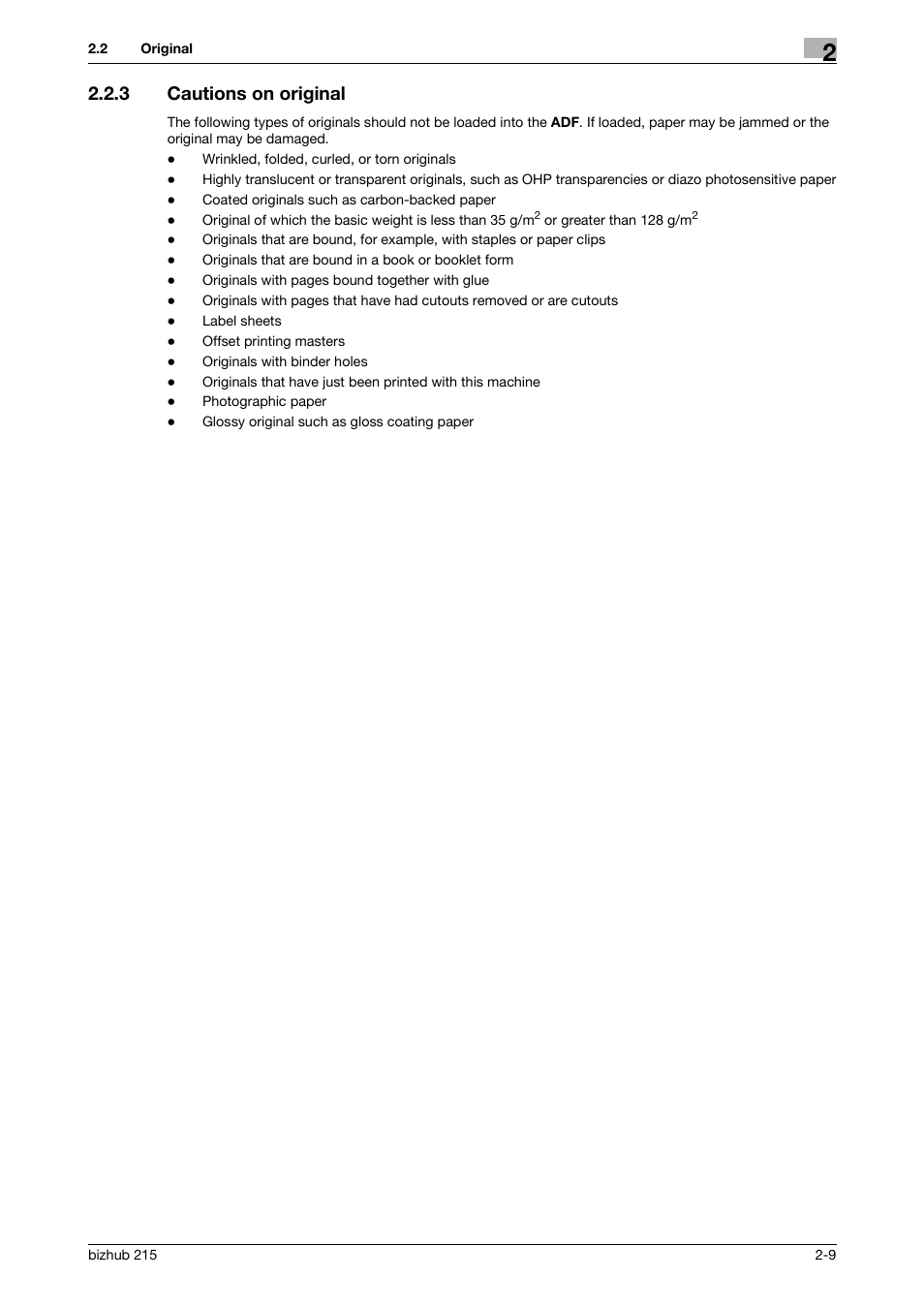 3 cautions on original, Cautions on original -9 | Konica Minolta Bizhub 215 User Manual | Page 20 / 166