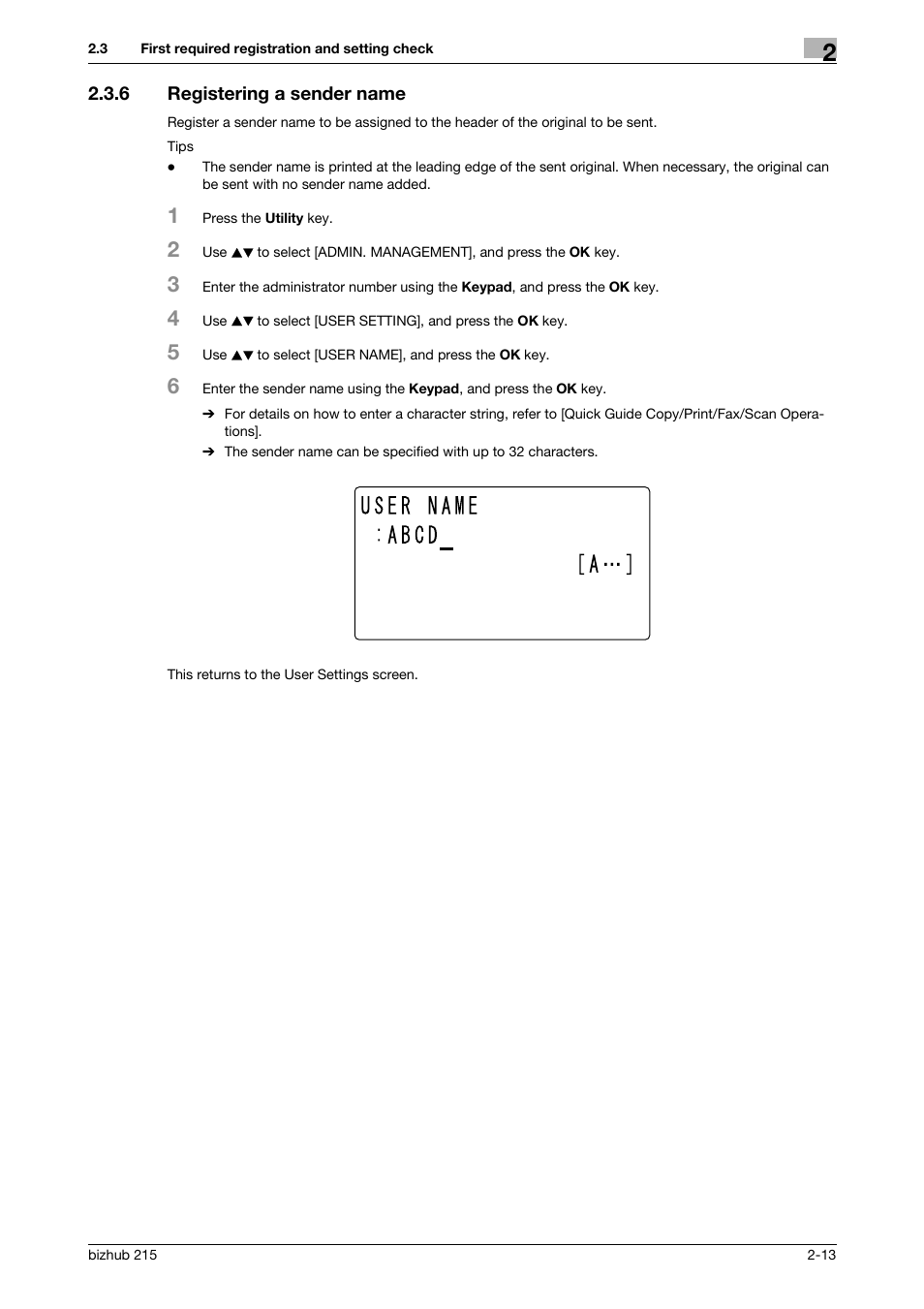 6 registering a sender name, Registering a sender name -13 | Konica Minolta Bizhub 215 User Manual | Page 24 / 166