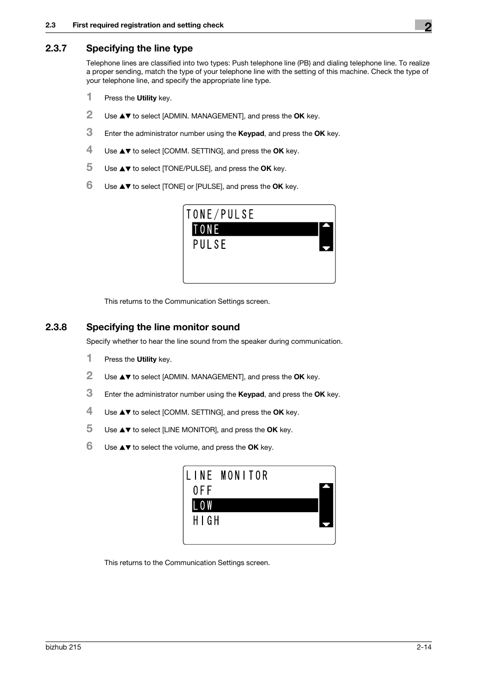 7 specifying the line type, 8 specifying the line monitor sound, Specifying the line type -14 | Specifying the line monitor sound -14 | Konica Minolta Bizhub 215 User Manual | Page 25 / 166