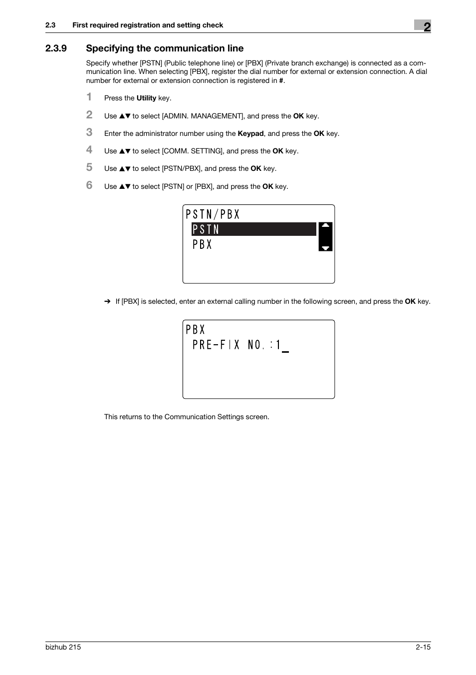 9 specifying the communication line, Specifying the communication line -15 | Konica Minolta Bizhub 215 User Manual | Page 26 / 166