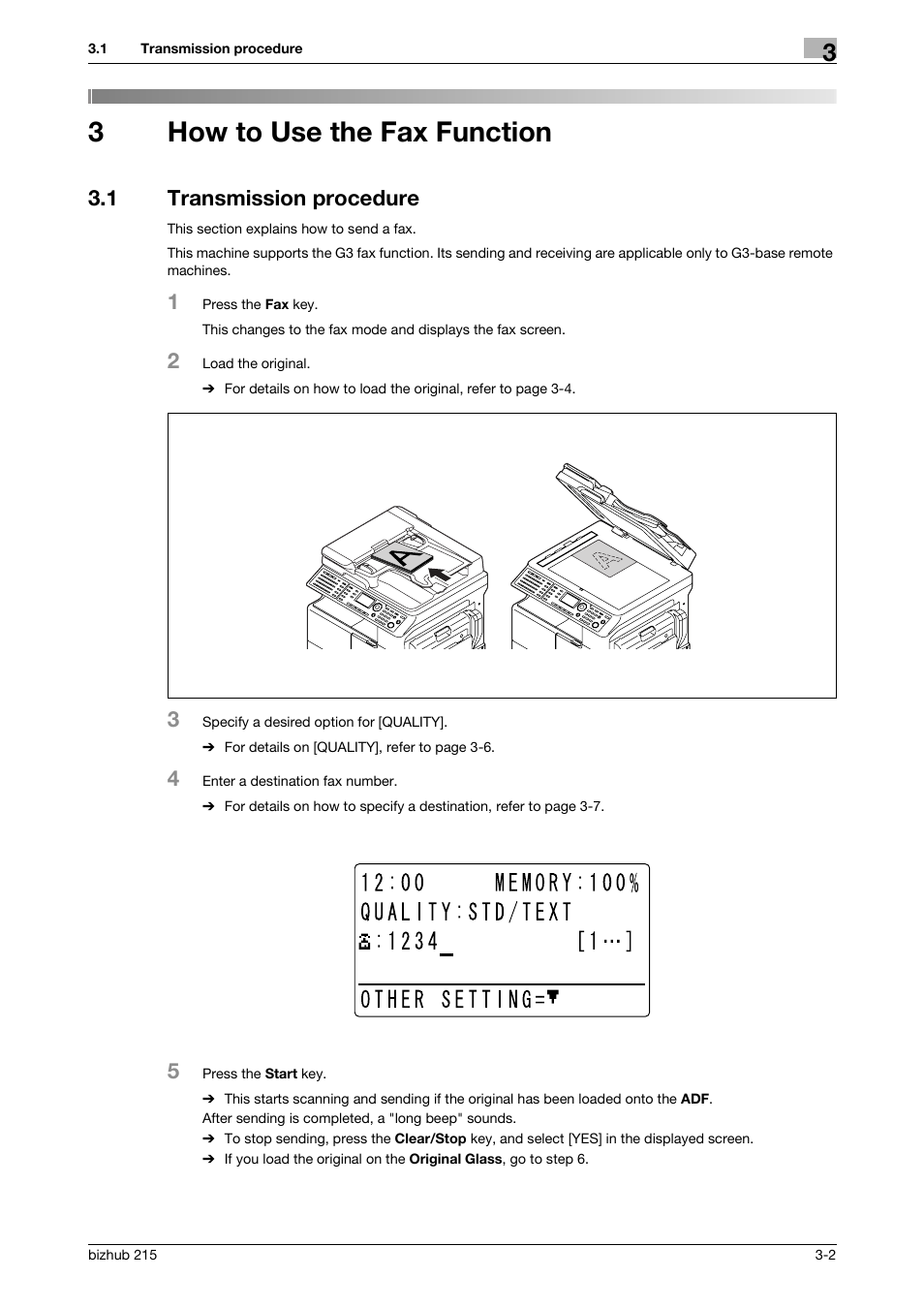 3 how to use the fax function, 1 transmission procedure, How to use the fax function | Transmission procedure -2, P. 3-2, 3how to use the fax function | Konica Minolta Bizhub 215 User Manual | Page 28 / 166