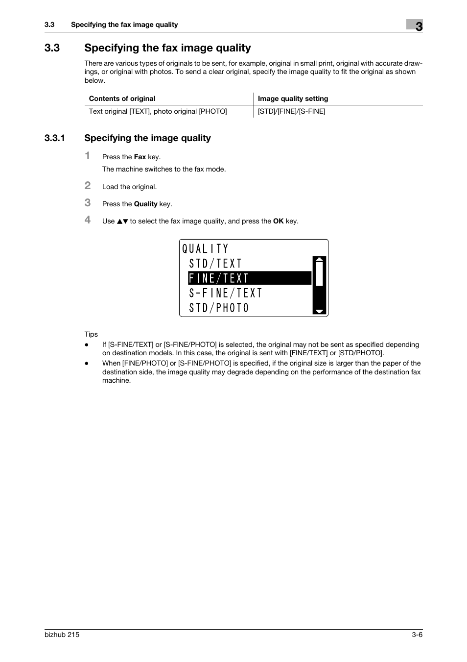 3 specifying the fax image quality, 1 specifying the image quality, Specifying the fax image quality -6 | Specifying the image quality -6 | Konica Minolta Bizhub 215 User Manual | Page 32 / 166