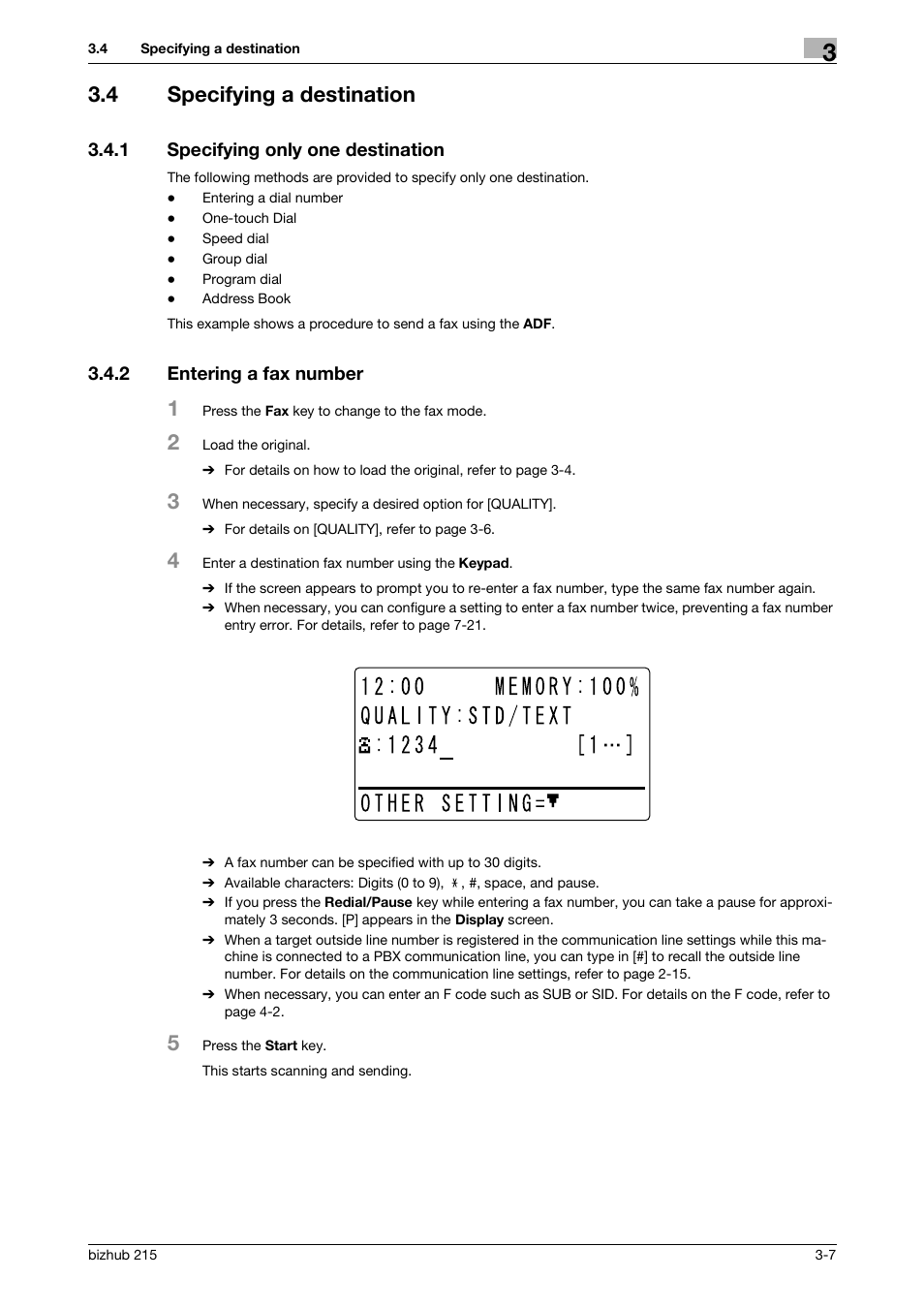 4 specifying a destination, 1 specifying only one destination, 2 entering a fax number | Specifying a destination -7, Specifying only one destination -7, Entering a fax number -7 | Konica Minolta Bizhub 215 User Manual | Page 33 / 166