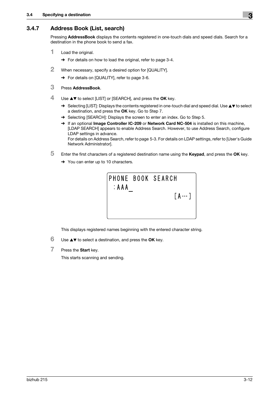 7 address book (list, search), Address book (list, search) -12, P. 3-12 | Konica Minolta Bizhub 215 User Manual | Page 38 / 166