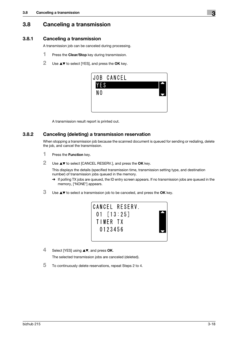 8 canceling a transmission, 1 canceling a transmission, 2 canceling (deleting) a transmission reservation | Canceling a transmission -18 | Konica Minolta Bizhub 215 User Manual | Page 44 / 166