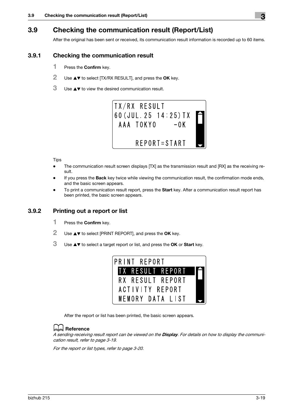 9 checking the communication result (report/list), 1 checking the communication result, 2 printing out a report or list | Checking the communication result -19, Printing out a report or list -19 | Konica Minolta Bizhub 215 User Manual | Page 45 / 166