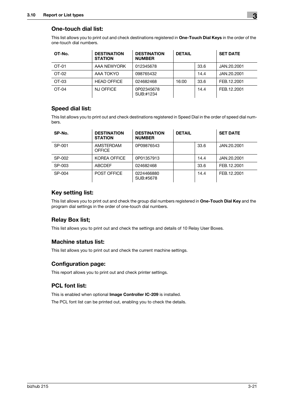 One-touch dial list, Speed dial list, Key setting list | Relay box list, Machine status list, Pcl font list, Configuration page | Konica Minolta Bizhub 215 User Manual | Page 47 / 166