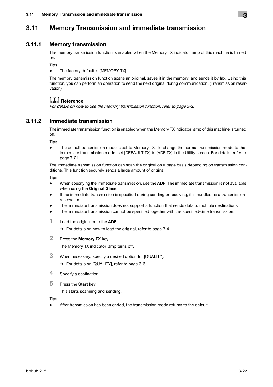 11 memory transmission and immediate transmission, 1 memory transmission, 2 immediate transmission | Memory transmission and immediate transmission -22, Memory transmission -22, Immediate transmission -22, P. 3-22 | Konica Minolta Bizhub 215 User Manual | Page 48 / 166
