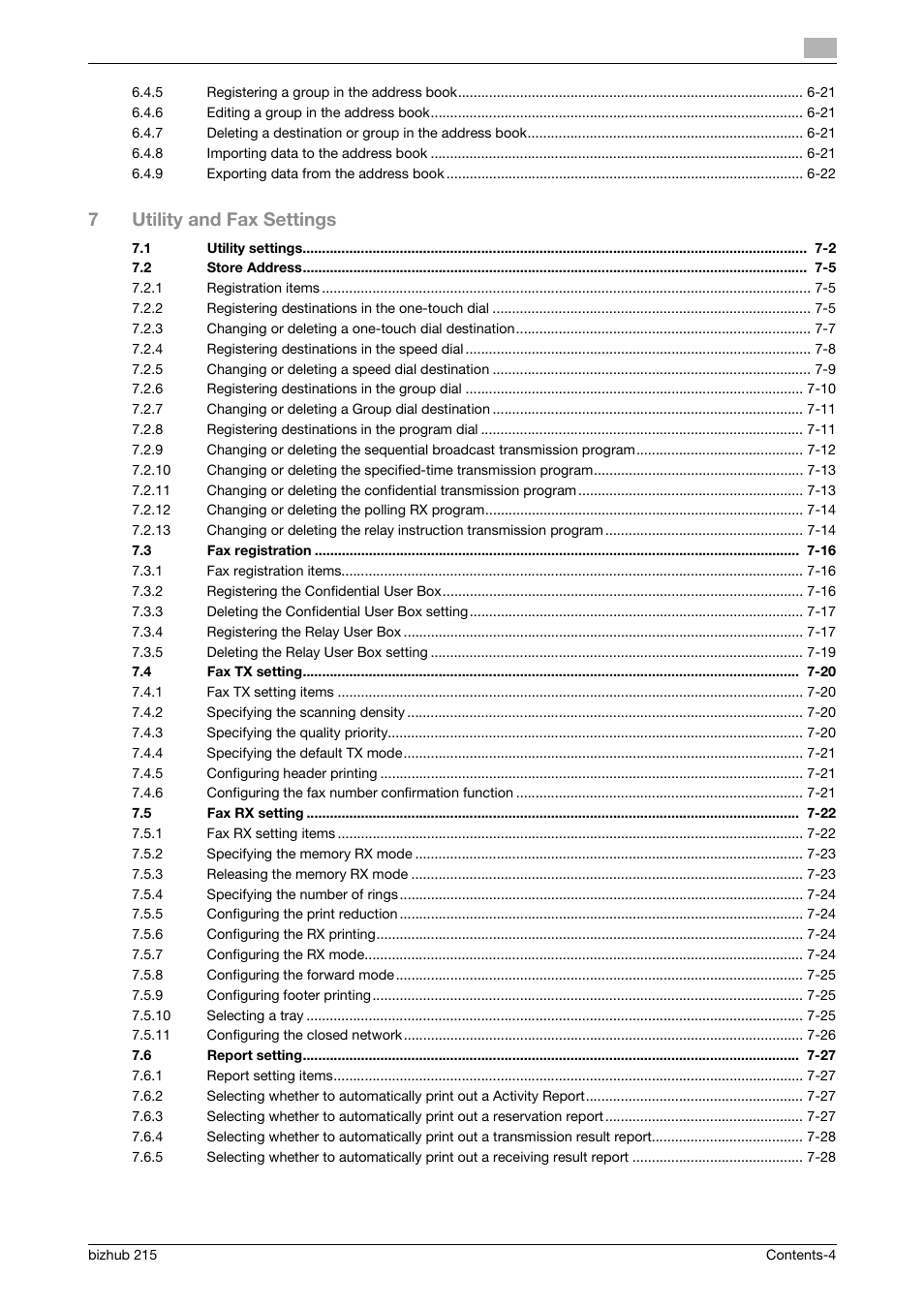 7utility and fax settings | Konica Minolta Bizhub 215 User Manual | Page 5 / 166