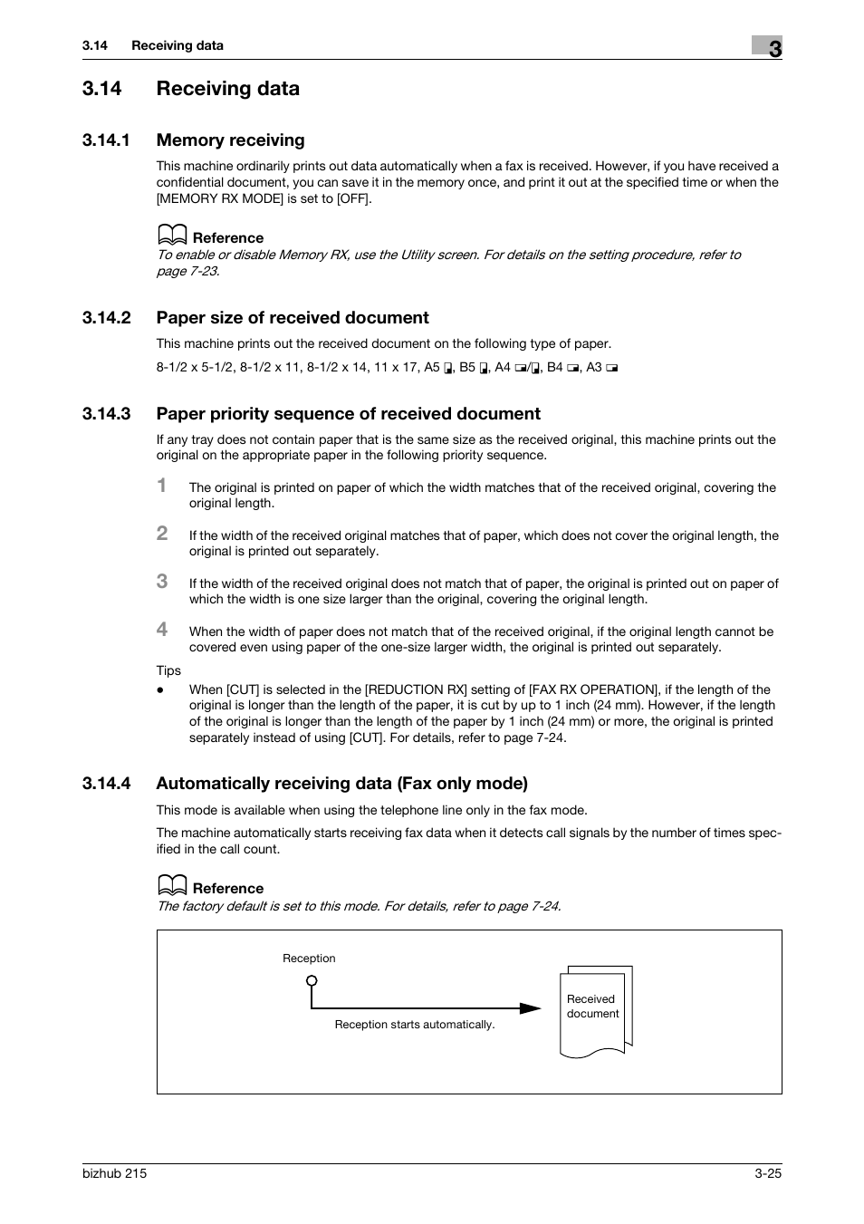 14 receiving data, 1 memory receiving, 2 paper size of received document | 3 paper priority sequence of received document, 4 automatically receiving data (fax only mode), Receiving data -25, Memory receiving -25, Paper size of received document -25, Paper priority sequence of received document -25, Automatically receiving data (fax only mode) -25 | Konica Minolta Bizhub 215 User Manual | Page 51 / 166