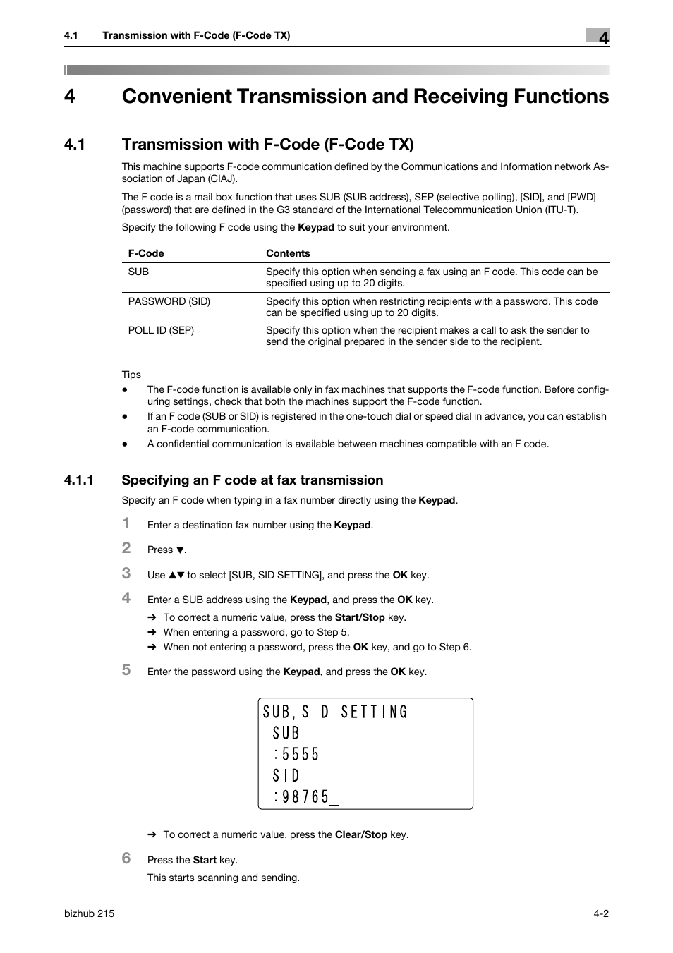 4 convenient transmission and receiving functions, 1 transmission with f-code (f-code tx), 1 specifying an f code at fax transmission | Convenient transmission and receiving functions, Transmission with f-code (f-code tx) -2, Specifying an f code at fax transmission -2, 4convenient transmission and receiving functions | Konica Minolta Bizhub 215 User Manual | Page 56 / 166