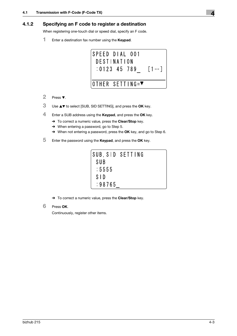 2 specifying an f code to register a destination, Specifying an f code to register a destination -3 | Konica Minolta Bizhub 215 User Manual | Page 57 / 166