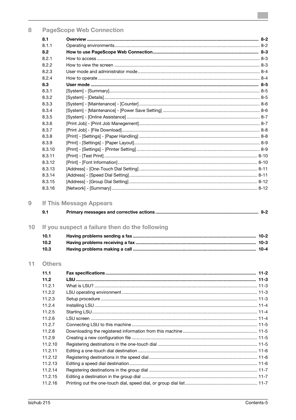 8pagescope web connection, 9if this message appears, 10 if you suspect a failure then do the following | 11 others | Konica Minolta Bizhub 215 User Manual | Page 6 / 166
