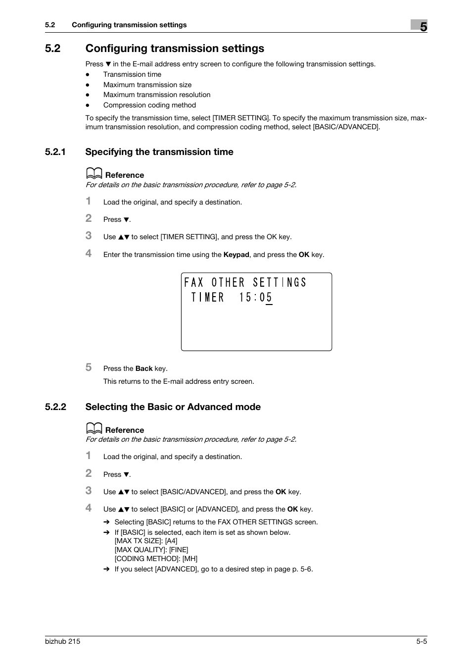2 configuring transmission settings, 1 specifying the transmission time, 2 selecting the basic or advanced mode | Configuring transmission settings -5, Specifying the transmission time -5, Selecting the basic or advanced mode -5 | Konica Minolta Bizhub 215 User Manual | Page 71 / 166