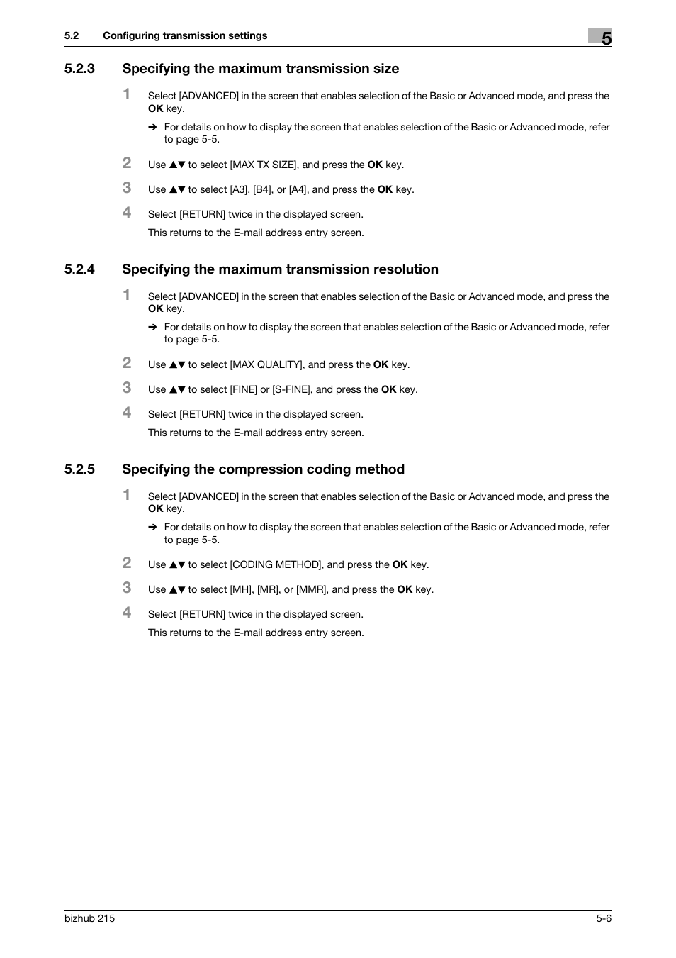 3 specifying the maximum transmission size, 4 specifying the maximum transmission resolution, 5 specifying the compression coding method | Specifying the maximum transmission size -6, Specifying the maximum transmission resolution -6, Specifying the compression coding method -6 | Konica Minolta Bizhub 215 User Manual | Page 72 / 166