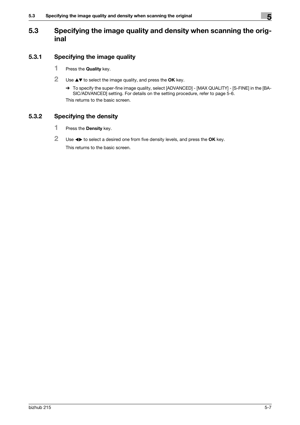 1 specifying the image quality, 2 specifying the density, Specifying the image quality -7 | Specifying the density -7, P. 5-7 | Konica Minolta Bizhub 215 User Manual | Page 73 / 166