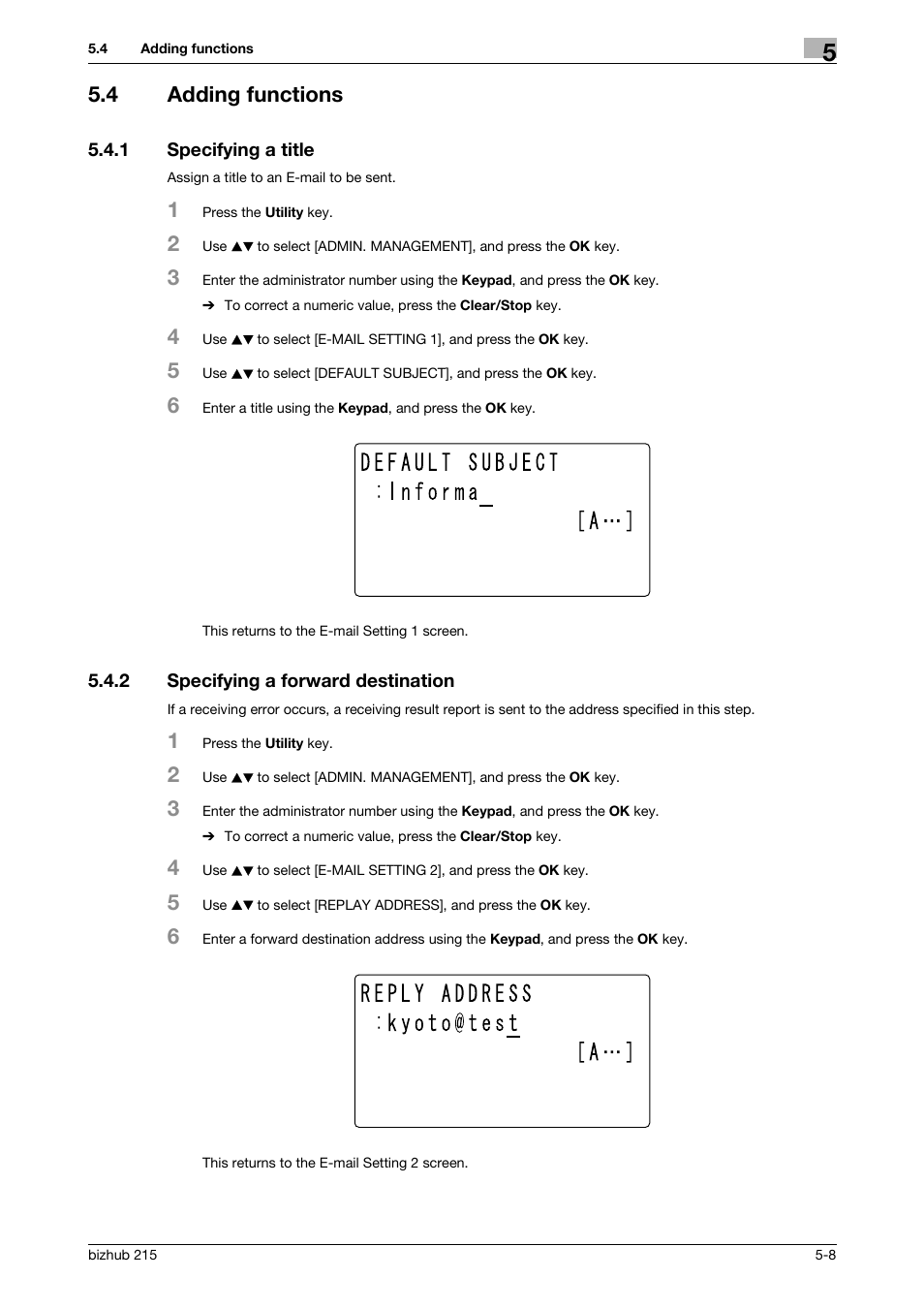 4 adding functions, 1 specifying a title, 2 specifying a forward destination | Adding functions -8, Specifying a title -8, Specifying a forward destination -8 | Konica Minolta Bizhub 215 User Manual | Page 74 / 166