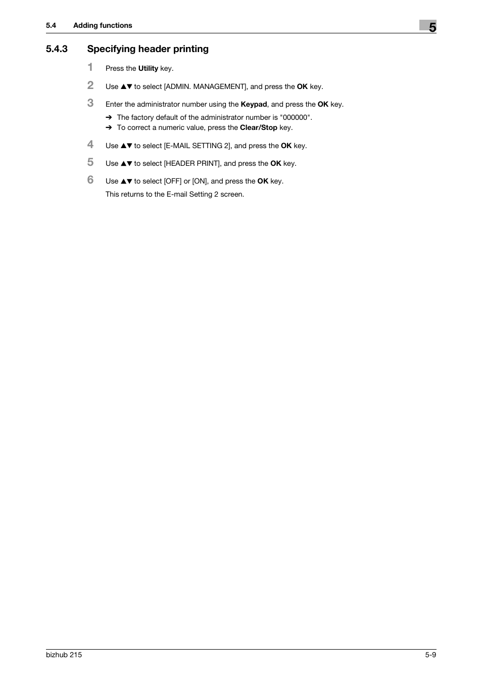 3 specifying header printing, Specifying header printing -9 | Konica Minolta Bizhub 215 User Manual | Page 75 / 166