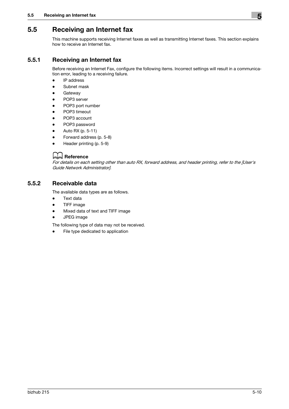 5 receiving an internet fax, 1 receiving an internet fax, 2 receivable data | Receiving an internet fax -10, Receivable data -10 | Konica Minolta Bizhub 215 User Manual | Page 76 / 166