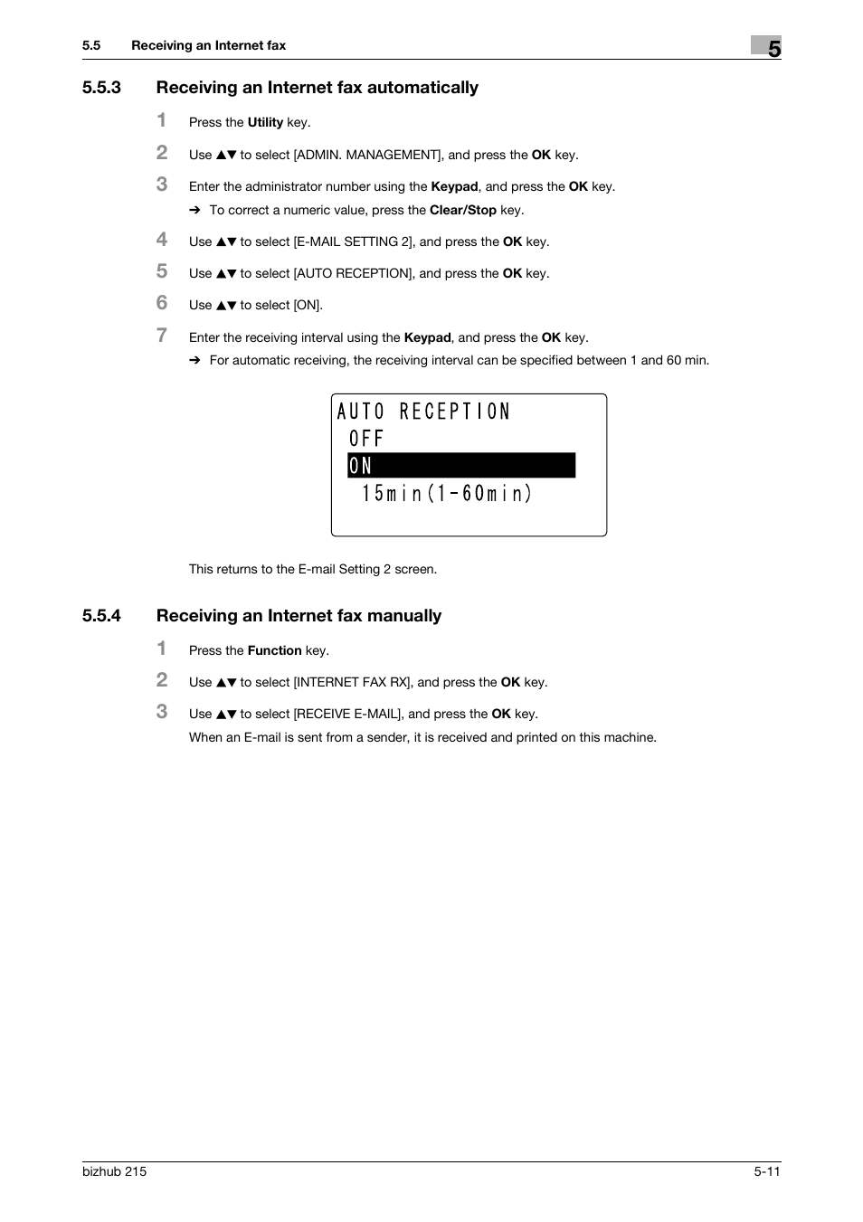 3 receiving an internet fax automatically, 4 receiving an internet fax manually, Receiving an internet fax automatically -11 | Receiving an internet fax manually -11 | Konica Minolta Bizhub 215 User Manual | Page 77 / 166
